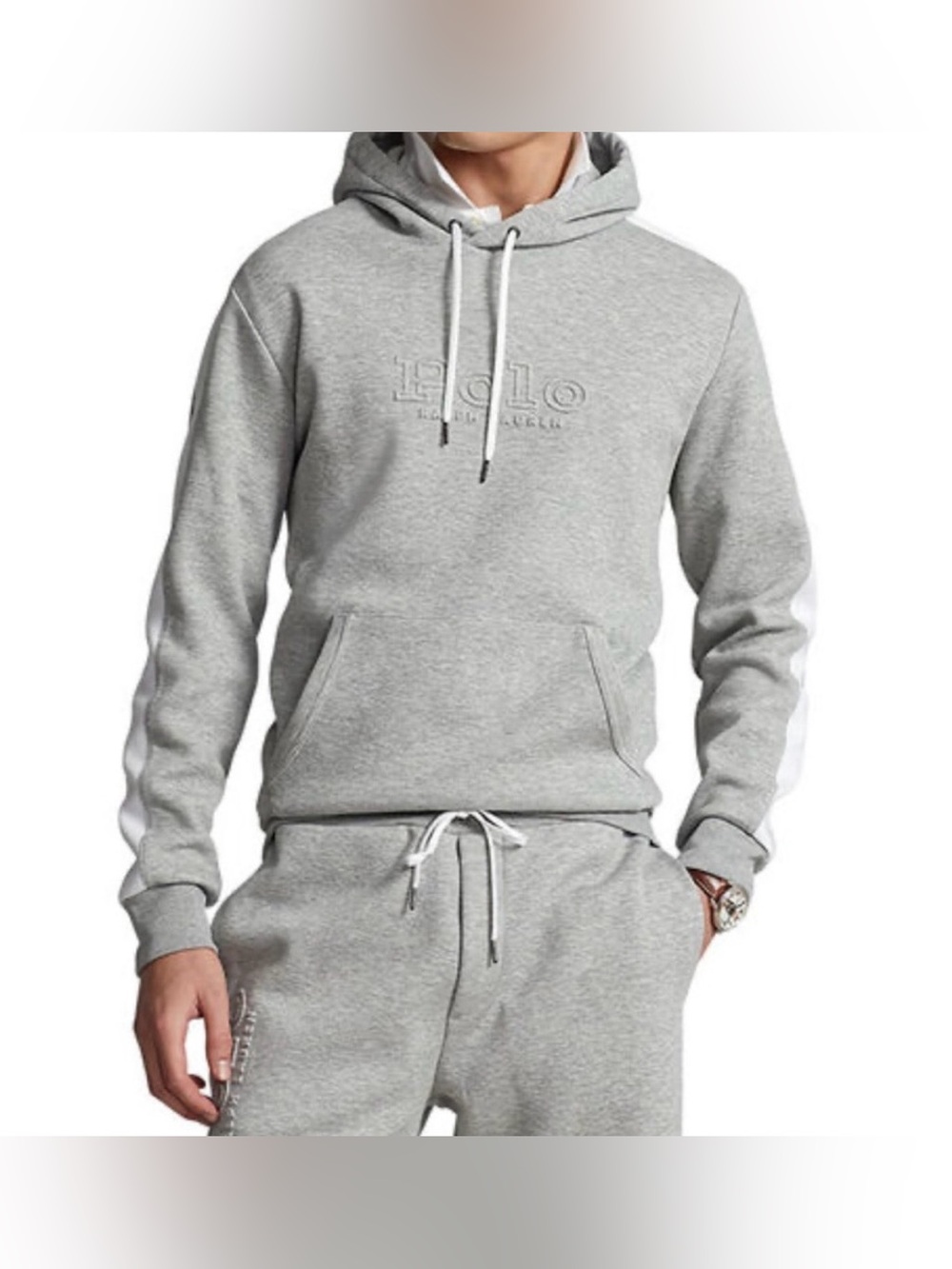 Ralph Lauren Grey Pullover Hoodie with White Sleeve Stripes